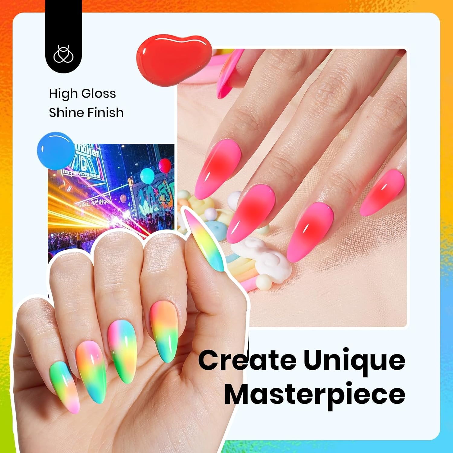 image:imageBeetles Neon Gel Polish Set  6 Colors HEMAFree 15ML Same Color Bottle Pink Green Coral Purple Blue Neon Gel Nail Polish Set Soak Off UV Lamp Bright Rainbow Summer Nails Art Professional SalonNeon Rainbow