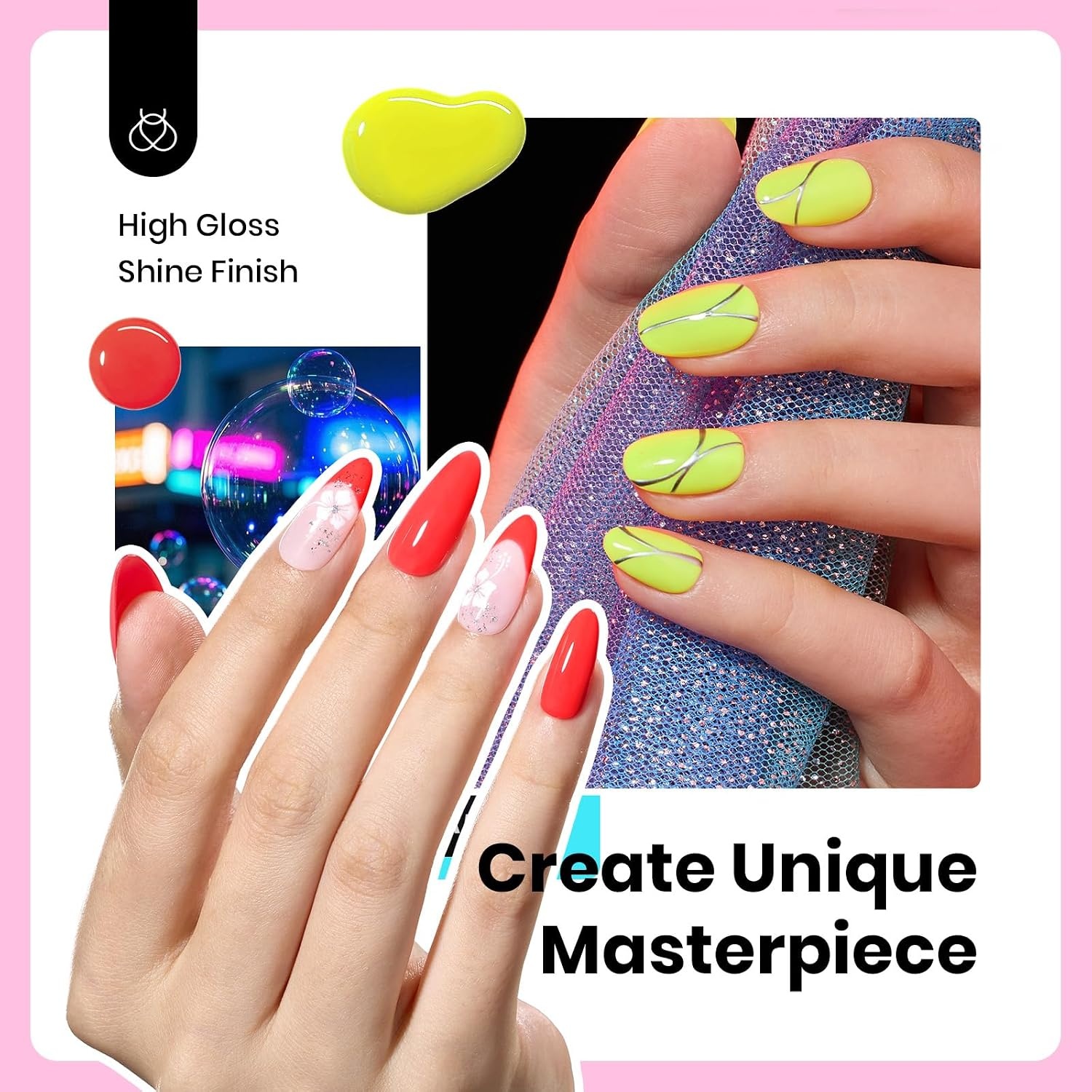 image:imageBeetles Neon Gel Polish Set  6 Colors HEMAFree 15ML Same Color Bottle Pink Green Coral Purple Blue Neon Gel Nail Polish Set Soak Off UV Lamp Bright Rainbow Summer Nails Art Professional SalonNeon Bubbles