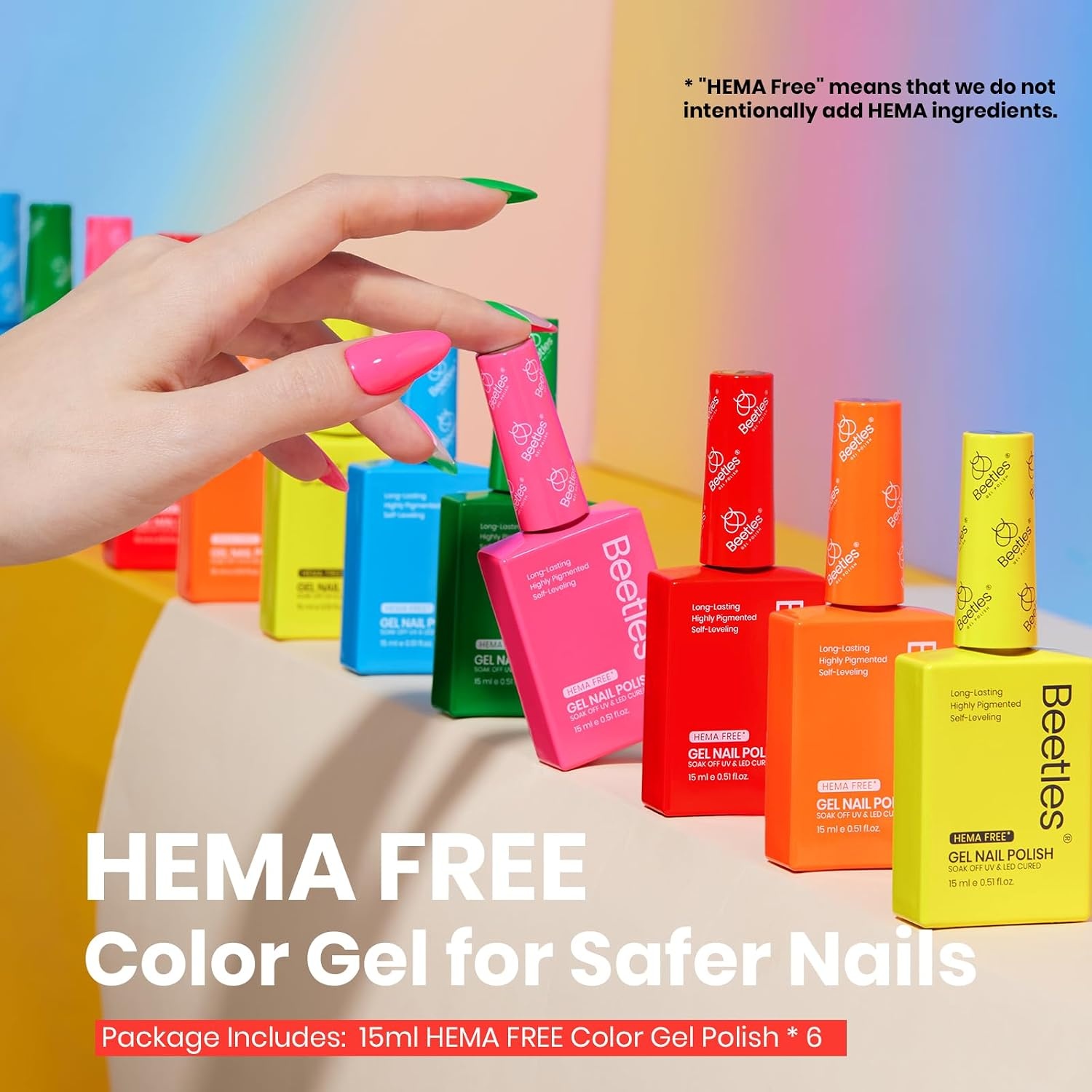 image:imageBeetles Neon Gel Polish Set  6 Colors HEMAFree 15ML Same Color Bottle Pink Green Coral Purple Blue Neon Gel Nail Polish Set Soak Off UV Lamp Bright Rainbow Summer Nails Art Professional SalonNeon Rainbow