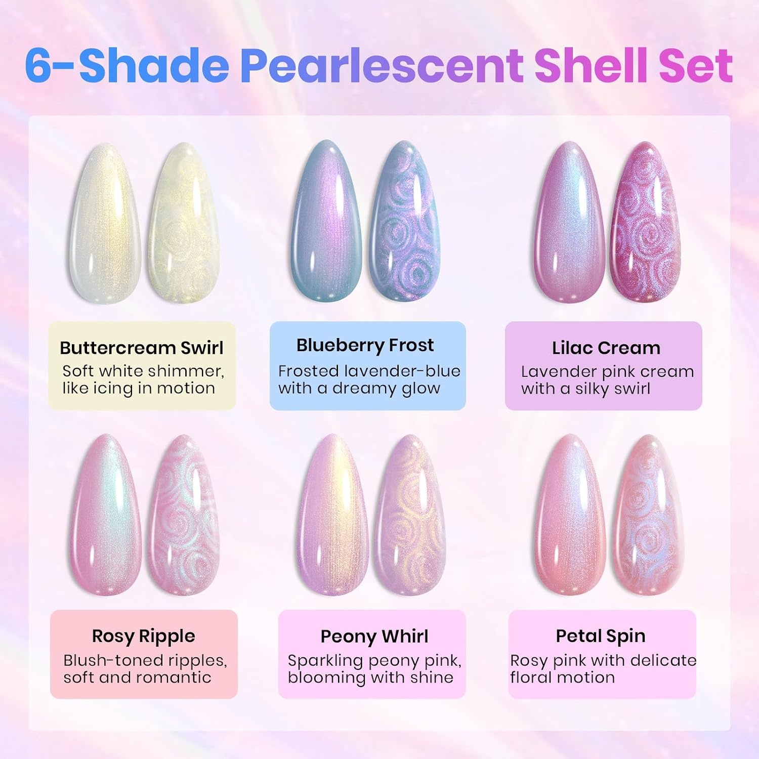 image:imageBeetles Neon Gel Polish Set  6 Colors HEMAFree 15ML Same Color Bottle Pink Green Coral Purple Blue Neon Gel Nail Polish Set Soak Off UV Lamp Bright Rainbow Summer Nails Art Professional SalonPearly Swirl Shade Set