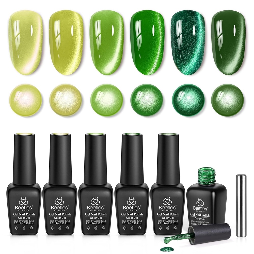image:imageBeetles Cat Eye Gel Nail Polish Set 6 Colors Fairy Garden Pastel Spring Shimmer Glitter Gel Polish Kit Pink Red Blue Orange Green Purple Velvet Gel Soak Off UV Magnet Nail Art DIY Gift for Women000Green Spirit