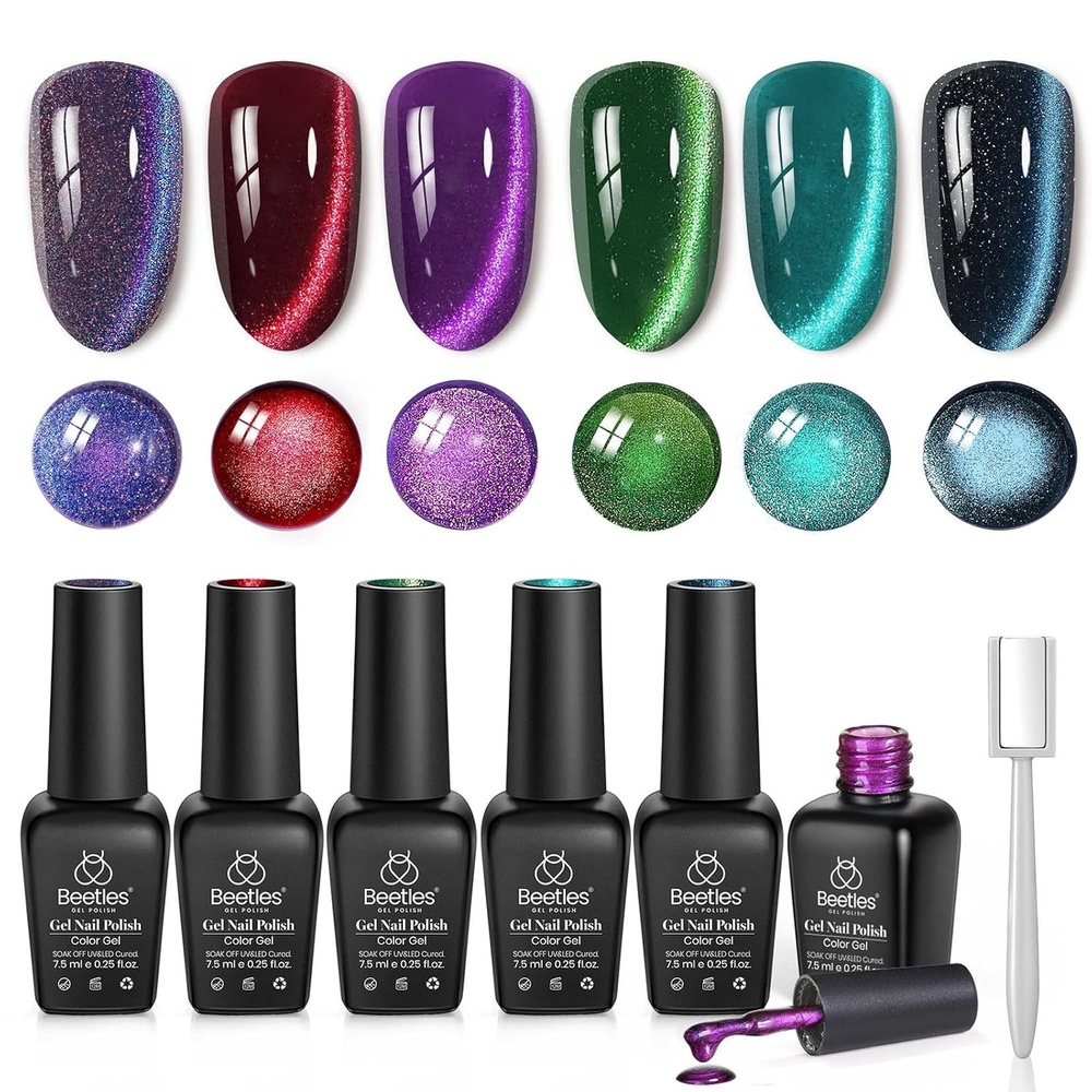 image:imageBeetles Cat Eye Gel Nail Polish Set 6 Colors Fairy Garden Pastel Spring Shimmer Glitter Gel Polish Kit Pink Red Blue Orange Green Purple Velvet Gel Soak Off UV Magnet Nail Art DIY Gift for Women000Galaxy Beam