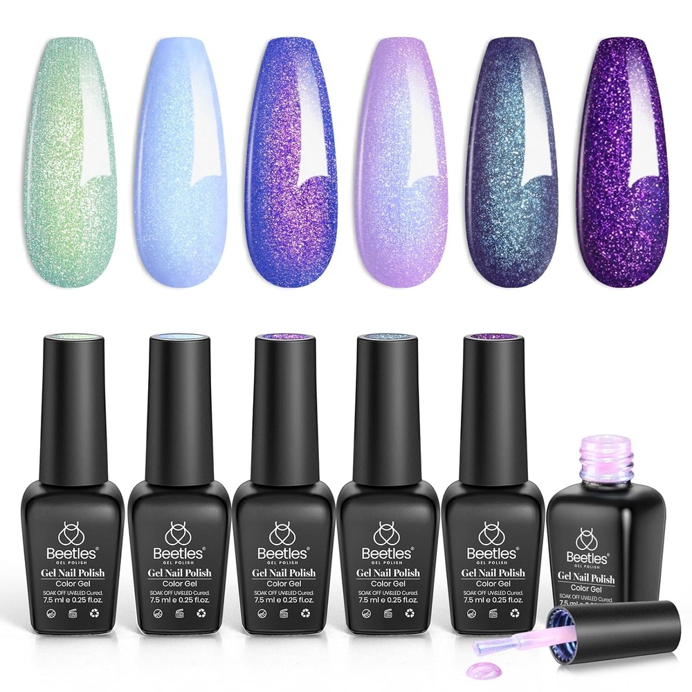 image:imageBeetles Cat Eye Gel Nail Polish Set 6 Colors Fairy Garden Pastel Spring Shimmer Glitter Gel Polish Kit Pink Red Blue Orange Green Purple Velvet Gel Soak Off UV Magnet Nail Art DIY Gift for WomenKaleido Galaxy