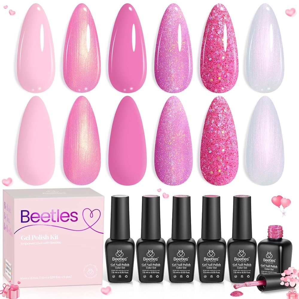 image:imageBeetles Cat Eye Gel Nail Polish Set 6 Colors Fairy Garden Pastel Spring Shimmer Glitter Gel Polish Kit Pink Red Blue Orange Green Purple Velvet Gel Soak Off UV Magnet Nail Art DIY Gift for WomenPink Reverie