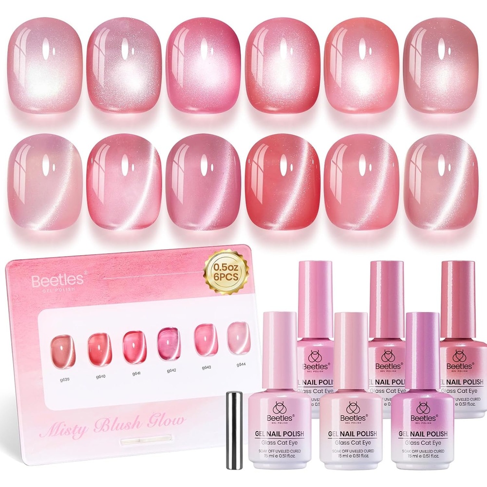 image:imageBeetles Crystal Garden Cat Eye Gel Nail Polish Set  6 Colors 15ML Full Size Spring Gel Polish Kit Glitter Pink Blue Orange Green Magnetic Effect Soak Off UV Nail Art DIY Manicure Gifts for Women000Misty Blush Glow