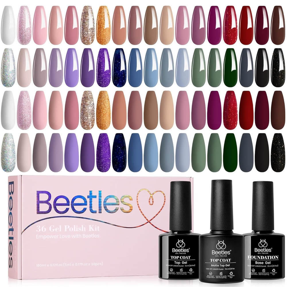 image:imageBeetles Gel Nail Polish Set 36 Colors Nail Gel Polish Kit Burgundy Red Blue Green Brown Gold Glitter Pink with Base Top Coat UV LED Needed Manicure Gifts for Women Neutral Elegance0 Neutral Elegance