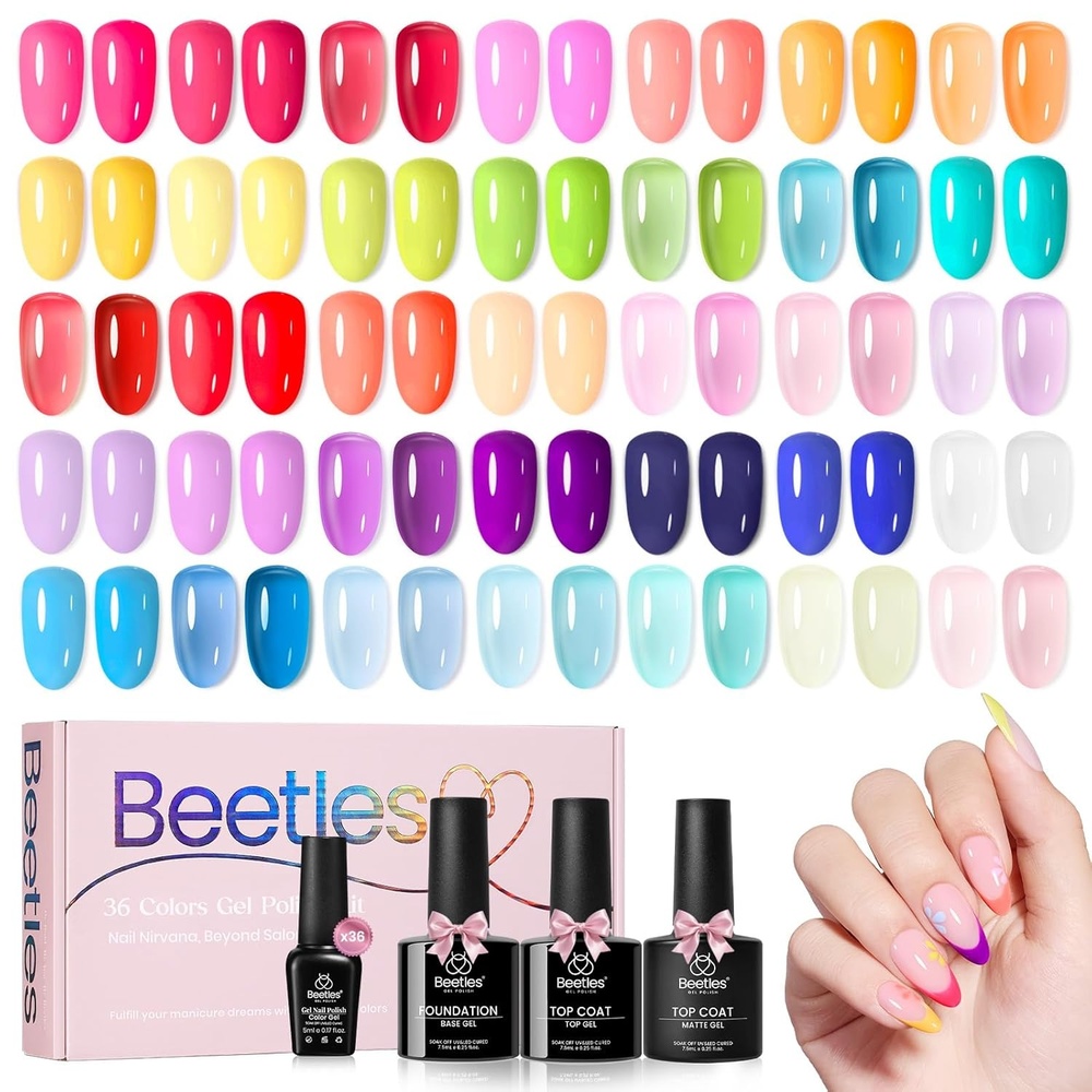 image:imageBeetles Gel Nail Polish Set 40 PCS 36 Colors Verse of Flower Summer Gel Polish Kit 017 Fl Oz Pastel Pink Purple Blue Red Base Glossy Matte Top Coat Flower Stickers Soak Off UV LEDDewdrop Flora