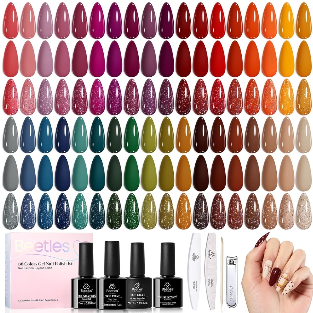 image:imageBeetles Gel Nail Polish Set 40 PCS 36 Colors Verse of Flower Summer Gel Polish Kit 017 Fl Oz Pastel Pink Purple Blue Red Base Glossy Matte Top Coat Flower Stickers Soak Off UV LEDWaltz of Leaves