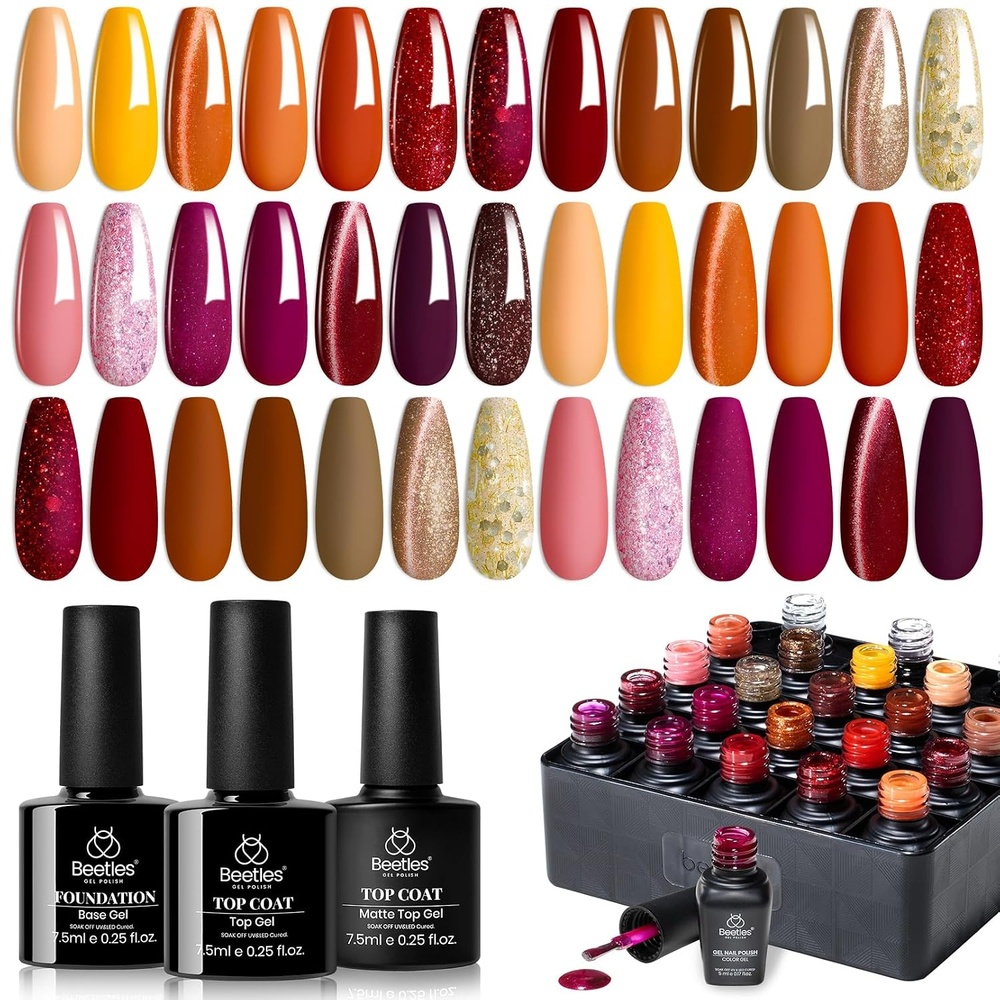 image:imageBeetles Gel Nail Polish Set 40 PCS 36 Colors Verse of Flower Summer Gel Polish Kit 017 Fl Oz Pastel Pink Purple Blue Red Base Glossy Matte Top Coat Flower Stickers Soak Off UV LED00 Autumn Aura