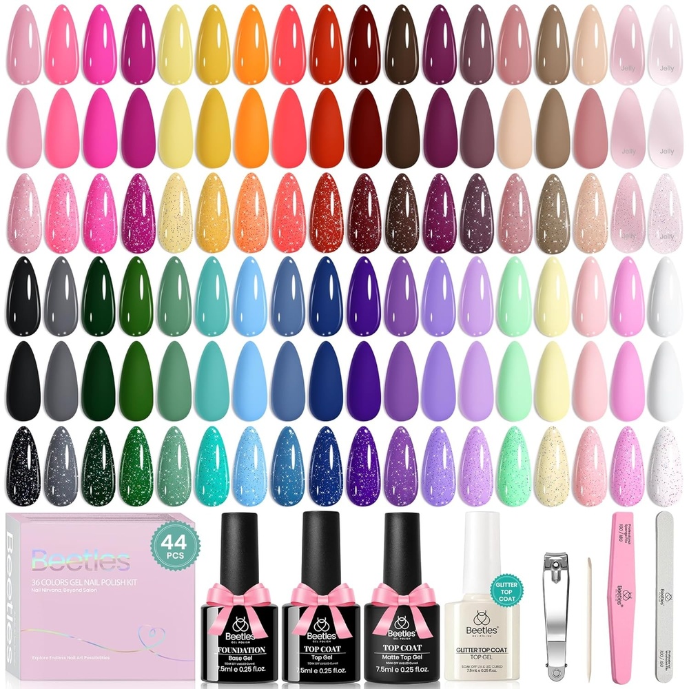 image:imageBeetles Jelly Gel Nail Polish Set 53PCS 36 Colors Jelly Pink Milky White Red Black Blue Green Silver Cat Eye Base Glitter Glossy Matte Top Coat Crystal Ice Collection French Nails Gift for Women01Vivid Seasons