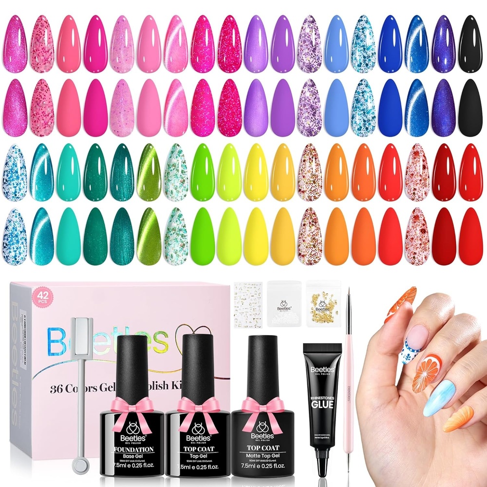 image:imageBeetles Summer Gel Nail Polish Kit  Island Holiday 36 Colors Neon Yellow Orange Hot Pink Glitter Gel Polish with Base Top Coat Matte Top Coat Soak Off UV LED DIY Manicure Gift for WomenIsland Holiday