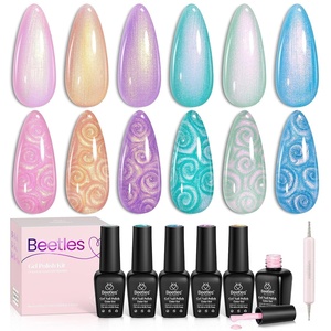 Beetles Cat Eye Gel Nail Polish Set, 6 Colors Fairy Garden Pastel Spring Shimmer Glitter Gel Polish Kit Pink Red Blue Orange Green Purple Velvet Gel Soak Off UV Magnet Nail Art DIY Gift for Women(Pink  Purple  Orange)