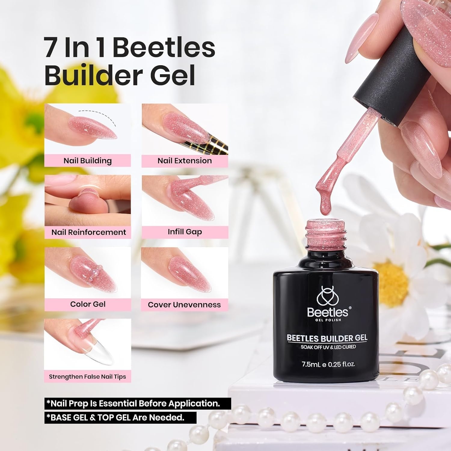 image:imageBeetles Builder Gel Nail Kit HEMAFREEampTPO FREEMuted Bloom 6 Colors Jelly Pink Glitter Building Gel8 in 1 Strengthening Building Instant Apex amp Extension for Beginner DIY SalonUV LED Lamp NeedA3Shimmer Nude Pink