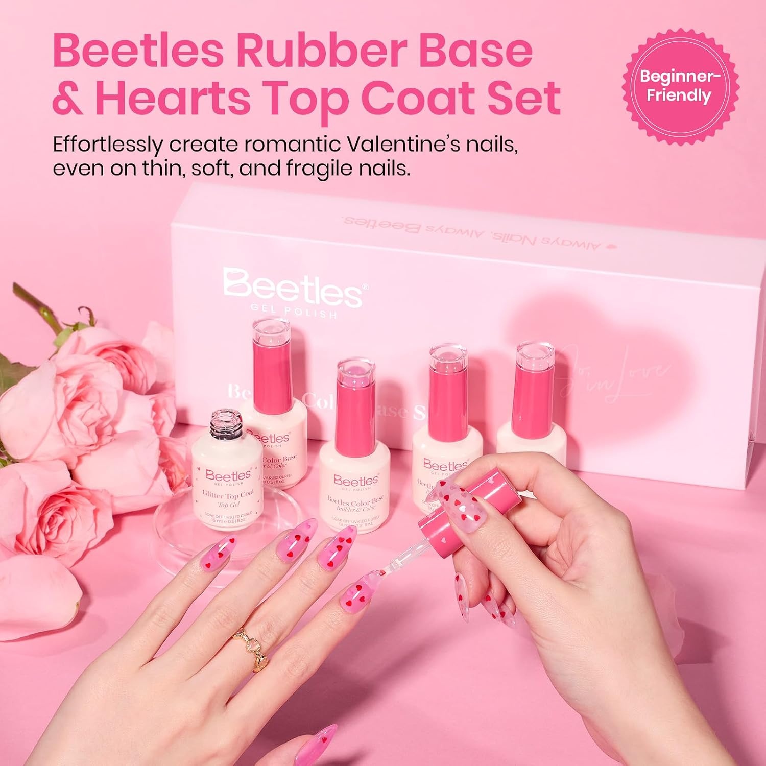 image:imageBeetles Rubber Base Gel Nail Polish 6 Colors Nude Gel Polish Pink Peach Neutral Sheer French Tips Base Colors for Nails Flexible U V LED Soak Off for DIY Home Manicure Nail Gifts01Pink Rubber Base Gel  Gel Top Coat Heart Shape