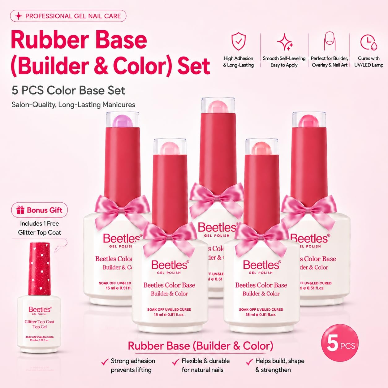 image:imageBeetles Rubber Base Gel Nail Polish 6 Colors Nude Gel Polish Pink Peach Neutral Sheer French Tips Base Colors for Nails Flexible U V LED Soak Off for DIY Home Manicure Nail Gifts01Pink Rubber Base Gel  Gel Top Coat Heart Shape