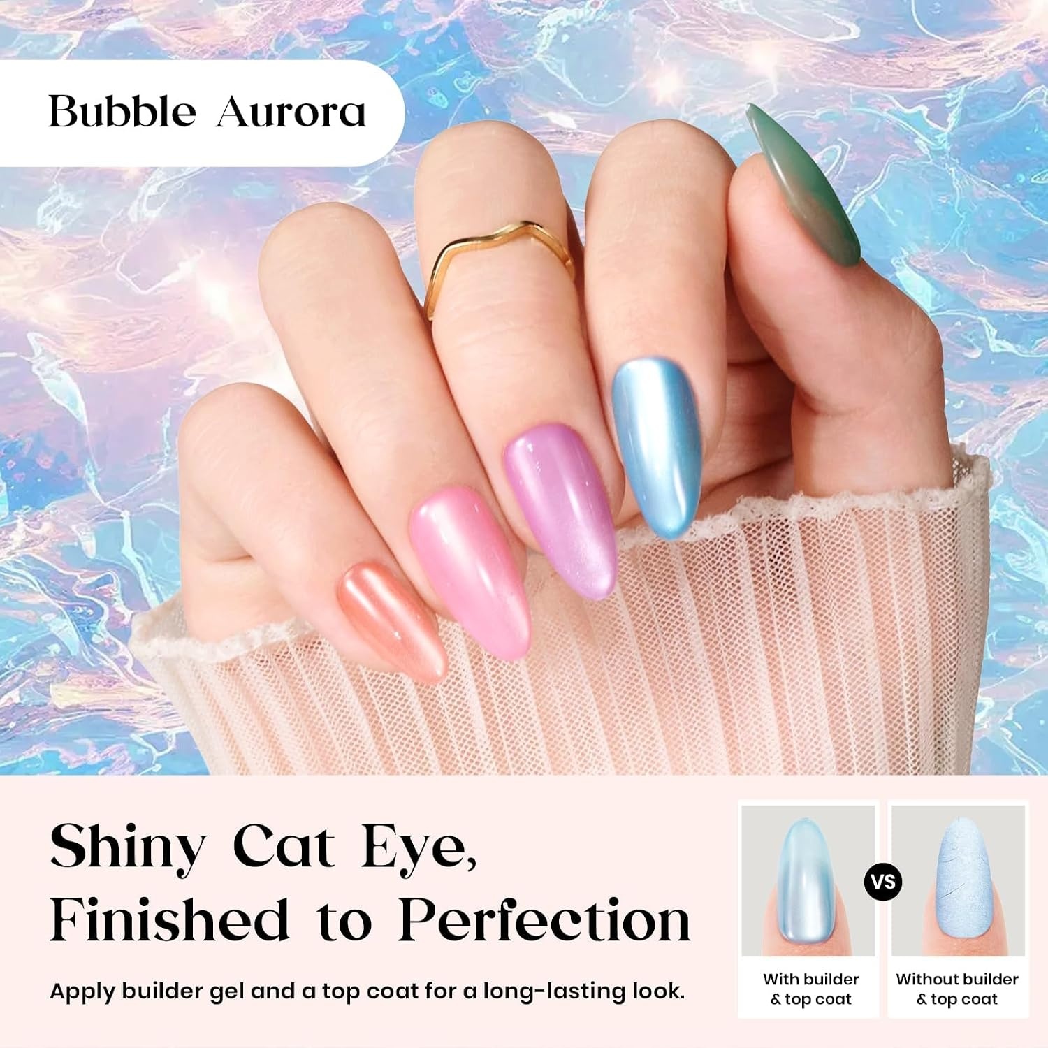 image:imageBeetles X Press Cat Eye Nails Bubble Aurora 7 Colors Medium Almond Press On Nails 16 Sizes 224 Pcs Natural Salon Quality Soft Nail Gel Art DIY For Women01M AlmondCat Eye Bubble Aurora