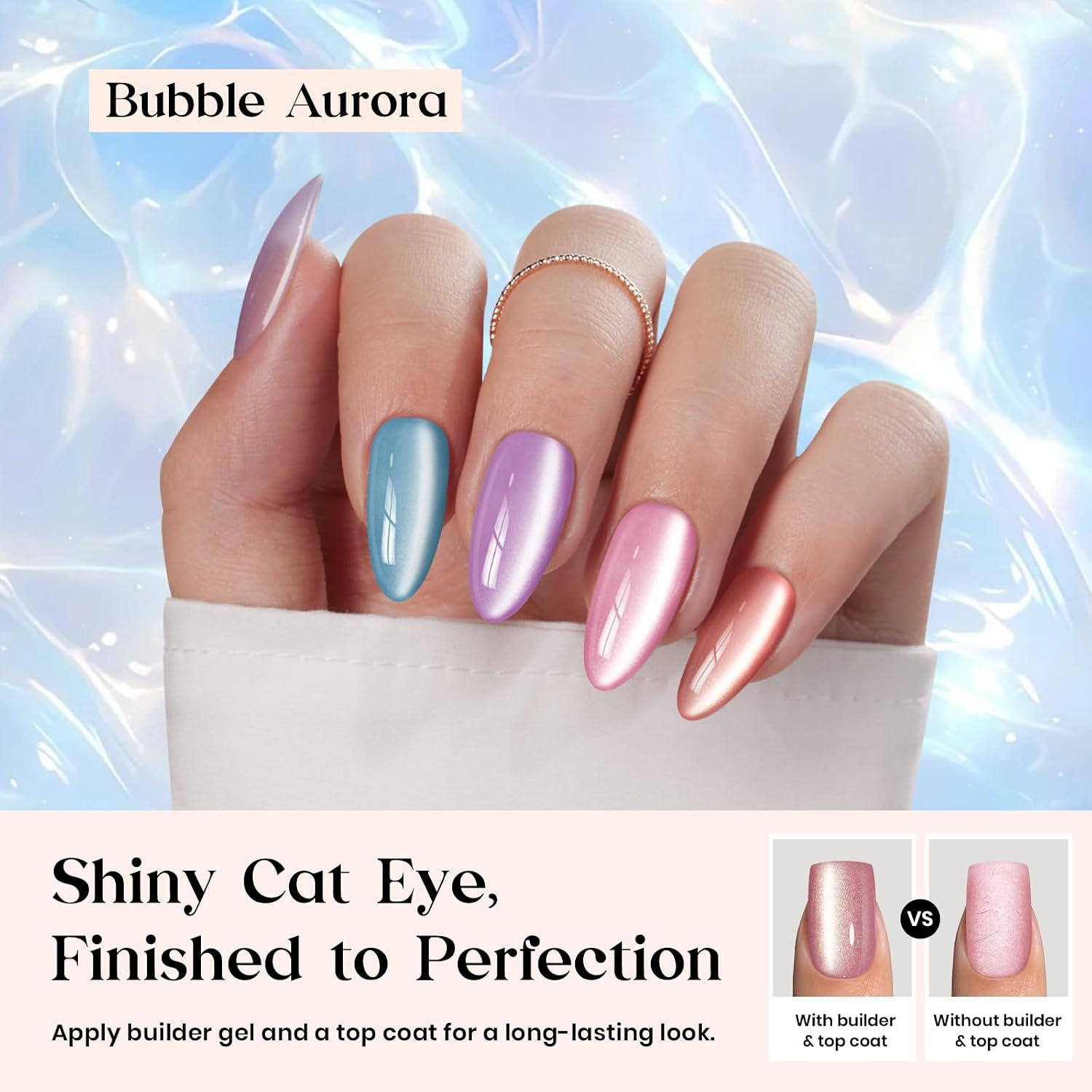 image:imageBeetles X Press Cat Eye Nails  Bubble Aurora  7 Colors Medium Almond Press On Nails  16 Sizes 224 Pcs Natural Salon Quality Soft Nail Gel Art DIY For Women1M AlmondCat Eye Bubble Aurora Kit