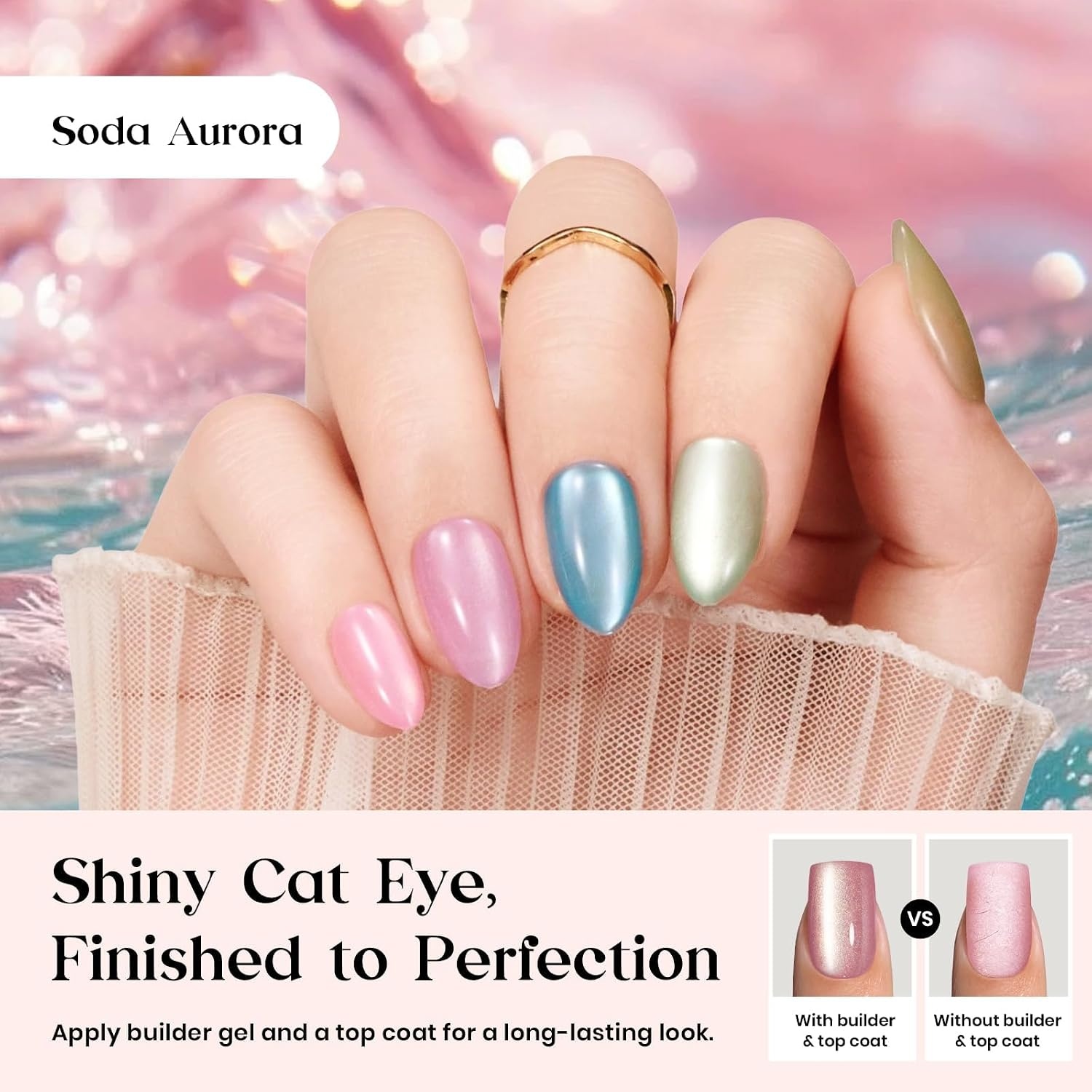 image:imageBeetles X Press Cat Eye Nails  Bubble Aurora  7 Colors Medium Almond Press On Nails  16 Sizes 224 Pcs Natural Salon Quality Soft Nail Gel Art DIY For Women01S AlmondCat Eye Soda Aurora