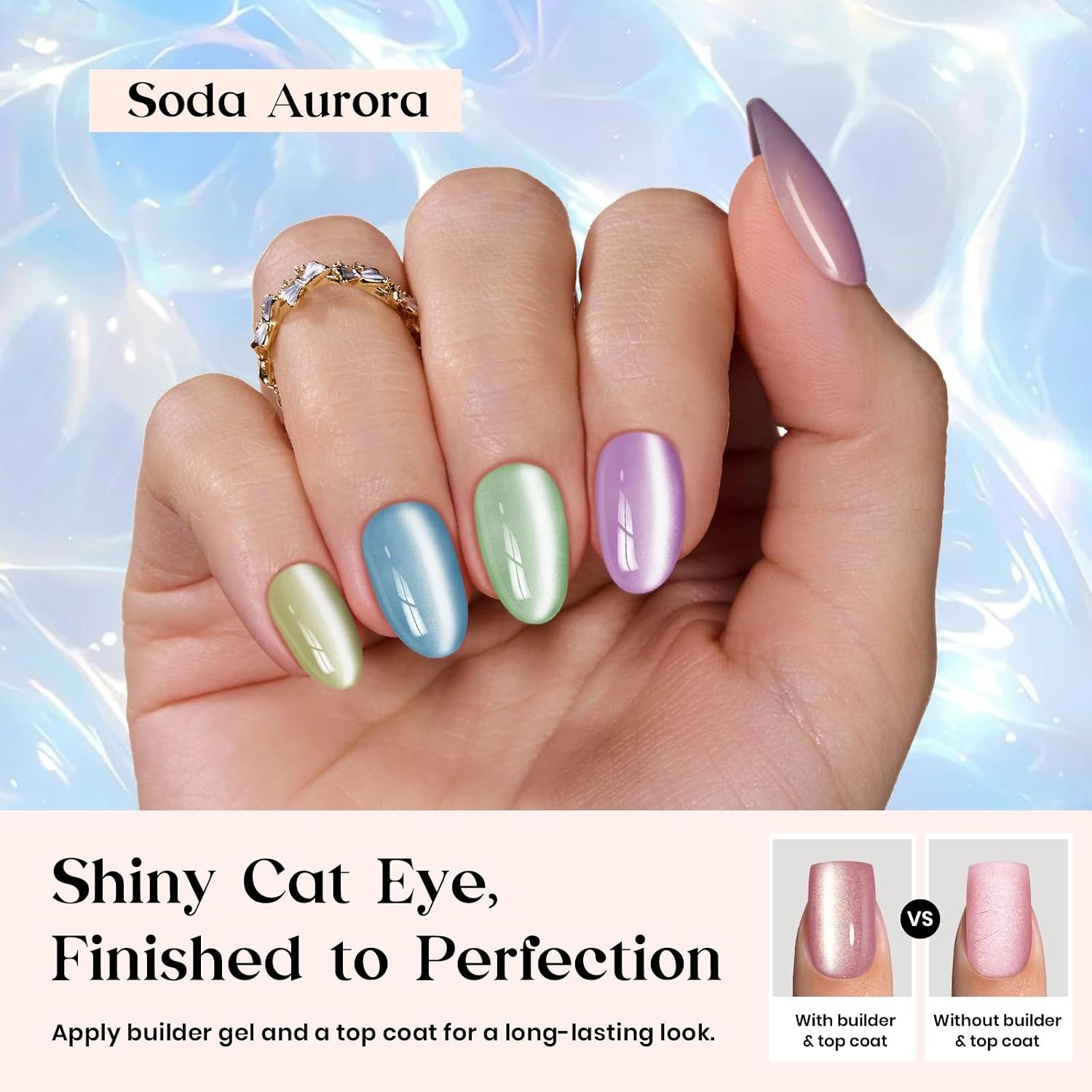image:imageBeetles X Press Cat Eye Nails  Bubble Aurora  7 Colors Medium Almond Press On Nails  16 Sizes 224 Pcs Natural Salon Quality Soft Nail Gel Art DIY For Women1S AlmondCat Eye Soda Aurora Kit