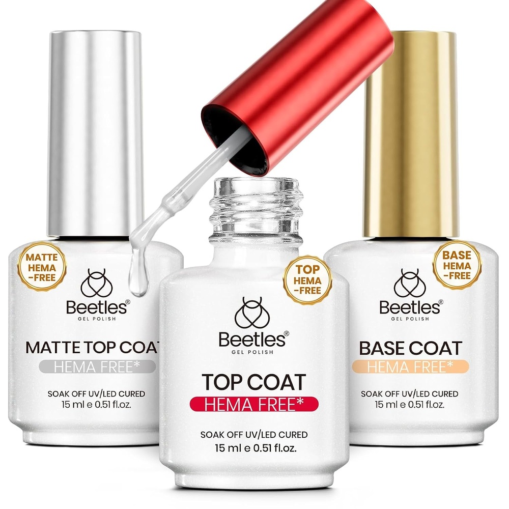 image:imageBeetles 2Pcs 15ml Gel Base and Top Coat Set  Upgrade No Wipe Extra Glossy Top Coat Finish for Gel Nail Polish Soak Off UVLED Lamp Needed Essentials for LongLasting Manicure Kit3 Pcs Gel Base and Top CoatMatte top coat