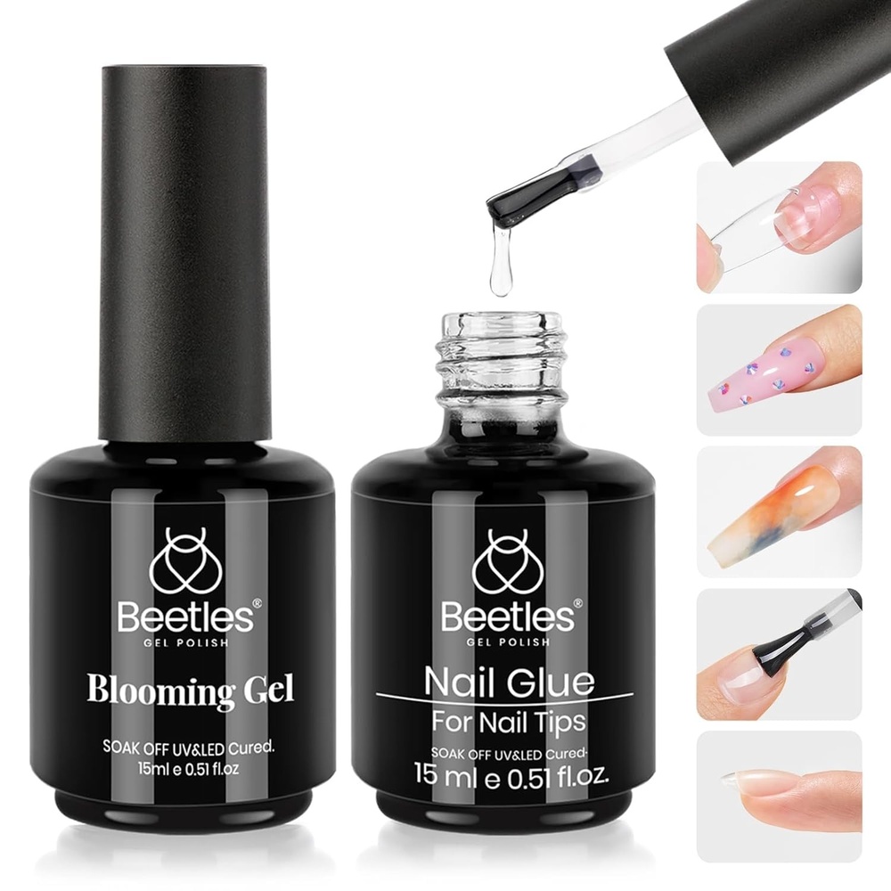 image:imageBeetles 2Pcs 15ml Gel Base and Top Coat Set  Upgrade No Wipe Extra Glossy Top Coat Finish for Gel Nail Polish Soak Off UVLED Lamp Needed Essentials for LongLasting Manicure Kit09 in 1 Nail Glue and Blooming Gel