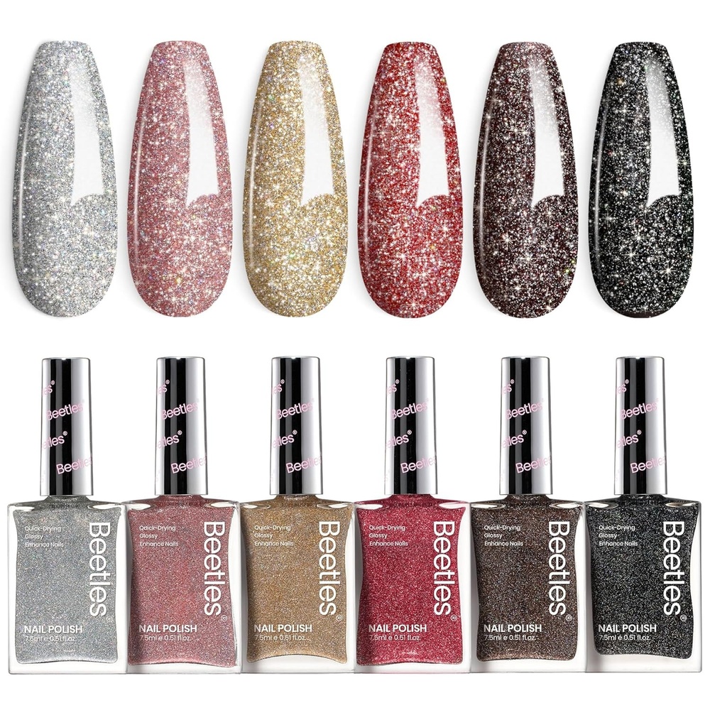 image:imageBeetles 4th of July Nail Polish  Midnight Fireworks 6 Colors Red White and Blue Nail Polish Set Sparkle Glitter Fingernail Quick Dry Long Lasting DIY Red White and Blue Nails Art Design for SummerStellar Sparkle
