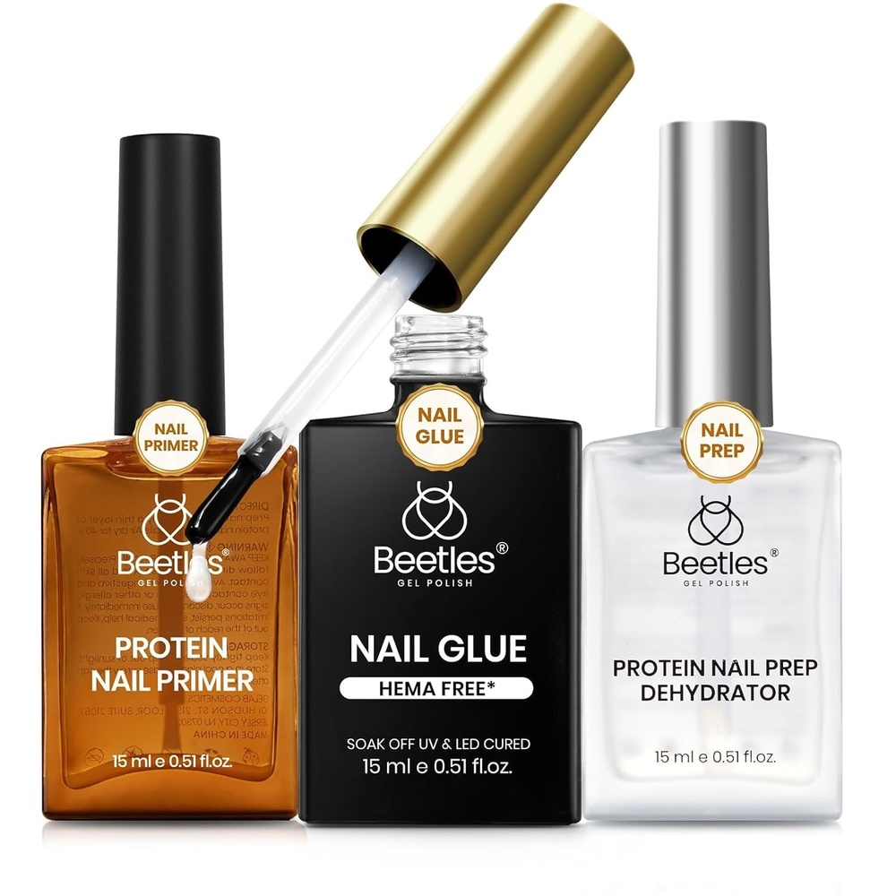 image:imageBeetles 9 in 1 Nail Glue Gel for Nail Tips and Clear Acrylic Nails Long Lasting Curing Needed UV Extension Glue for False Nail Tips and Press on Nails Summer Nail Art05 15ml Nail Glue Protein Dehydrator and Primer