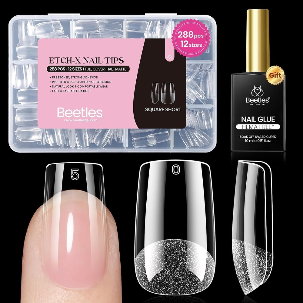 image:imageBeetles 9 in 1 Nail Glue Gel for Nail Tips and Clear Acrylic Nails Long Lasting Curing Needed UV Extension Glue for False Nail Tips and Press on Nails Summer Nail Art63 Square Short 288pcs Etch X Nail Kit
