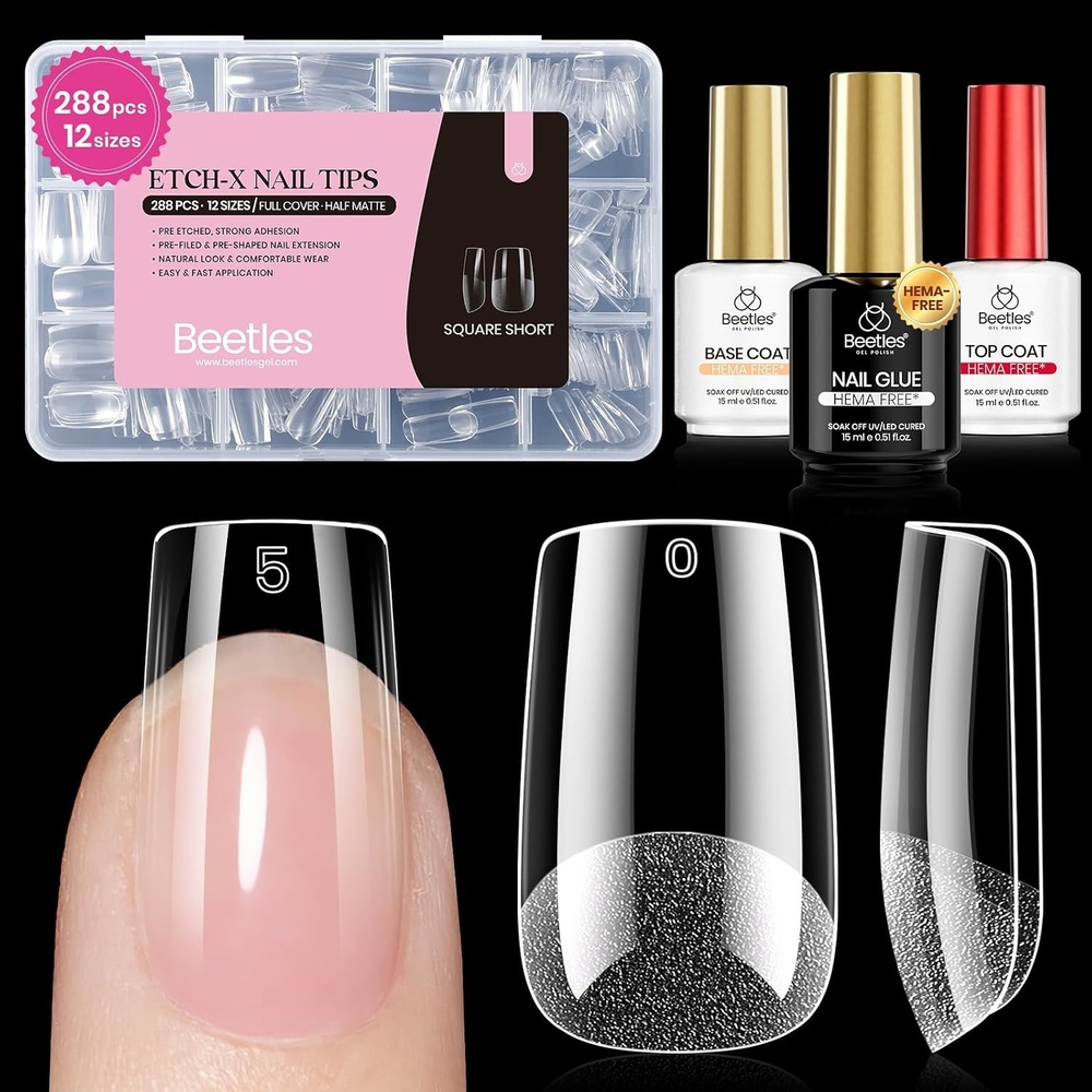 image:imageBeetles 9 in 1 Nail Glue Gel for Nail Tips and Clear Acrylic Nails Long Lasting Curing Needed UV Extension Glue for False Nail Tips and Press on Nails Summer Nail Art74 Square Short 288pcs Etch X Nail Kit