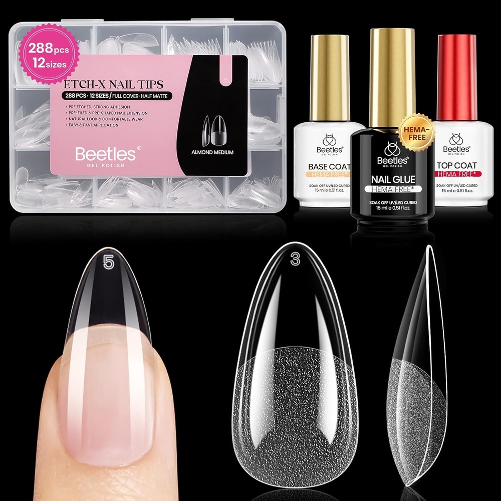 image:imageBeetles 9 in 1 Nail Glue Gel for Nail Tips and Clear Acrylic Nails Long Lasting Curing Needed UV Extension Glue for False Nail Tips and Press on Nails Summer Nail Art72 Almond Medium 288pcs Etch X Nail Kit