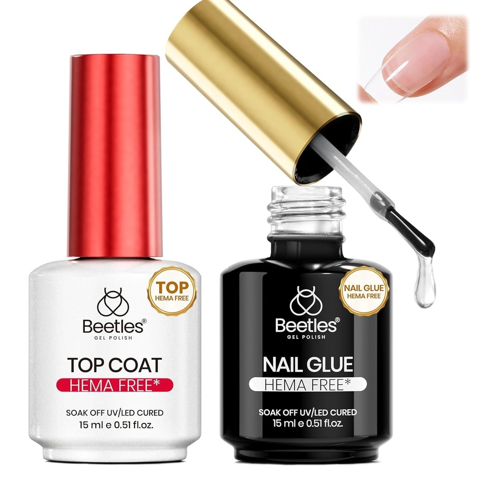 image:imageBeetles 9 in 1 Nail Glue Gel for Nail Tips and Clear Acrylic Nails Long Lasting Curing Needed UV Extension Glue for False Nail Tips and Press on Nails Summer Nail Art06 HEMAFree Nail Glue  Top Coat
