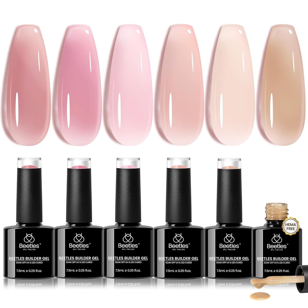 image:imageBeetles Builder Gel Nail Kit HEMAFREEampTPO FREEMuted Bloom 6 Colors Jelly Pink Glitter Building Gel8 in 1 Strengthening Building Instant Apex amp Extension for Beginner DIY SalonUV LED Lamp NeedB1HEMA FreeJelly Pink