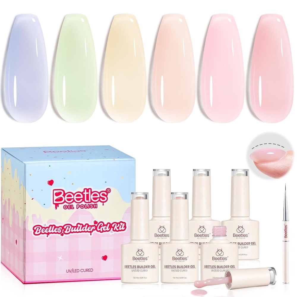 image:imageBeetles Builder Gel Nail Kit HEMAFREEampTPO FREEMuted Bloom 6 Colors Jelly Pink Glitter Building Gel8 in 1 Strengthening Building Instant Apex amp Extension for Beginner DIY SalonUV LED Lamp Need0Juicy Tint