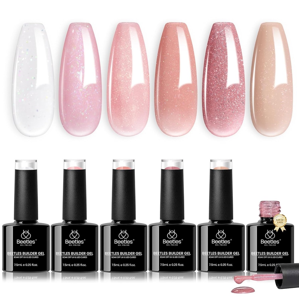 image:imageBeetles Builder Gel Nail Kit HEMAFREEampTPO FREEMuted Bloom 6 Colors Jelly Pink Glitter Building Gel8 in 1 Strengthening Building Instant Apex amp Extension for Beginner DIY SalonUV LED Lamp NeedA3Shimmer Nude Pink