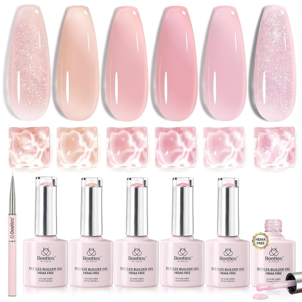 image:imageBeetles Builder Gel Nail Kit HEMAFREEampTPO FREEMuted Bloom 6 Colors Jelly Pink Glitter Building Gel8 in 1 Strengthening Building Instant Apex amp Extension for Beginner DIY SalonUV LED Lamp NeedHEMA  TPO FreeMuted Bloom