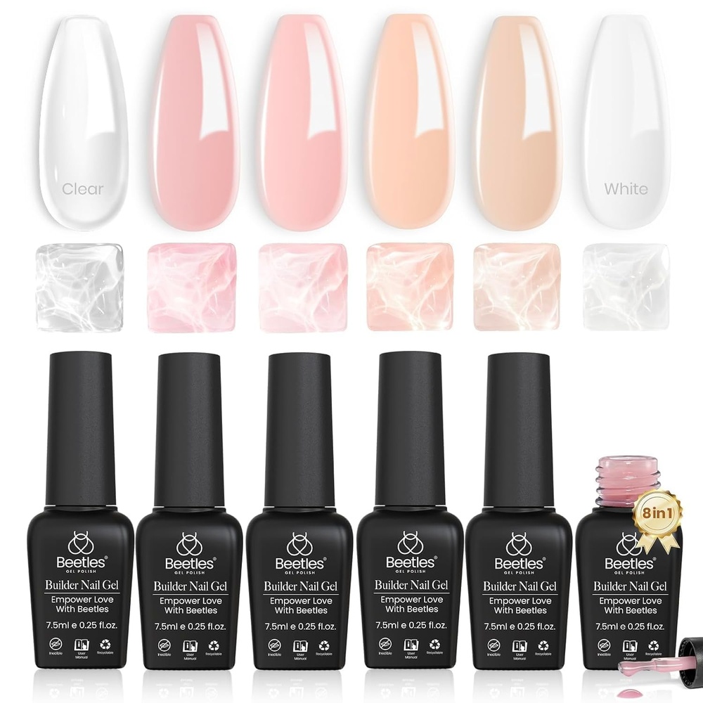 image:imageBeetles Builder Gel Nail Kit HEMAFREEampTPO FREEMuted Bloom 6 Colors Jelly Pink Glitter Building Gel8 in 1 Strengthening Building Instant Apex amp Extension for Beginner DIY SalonUV LED Lamp NeedNetural Nude