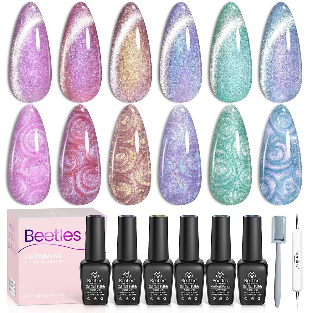 image:imageBeetles Cat Eye Gel Nail Polish Set 6 Colors Brown Purple Glitter Nude Sparkle Stunning Champagne Burgundy Gold lavender Magnetic Effect Nail U v Gel Polish Art Design Gifts for Women00Magical Swirl