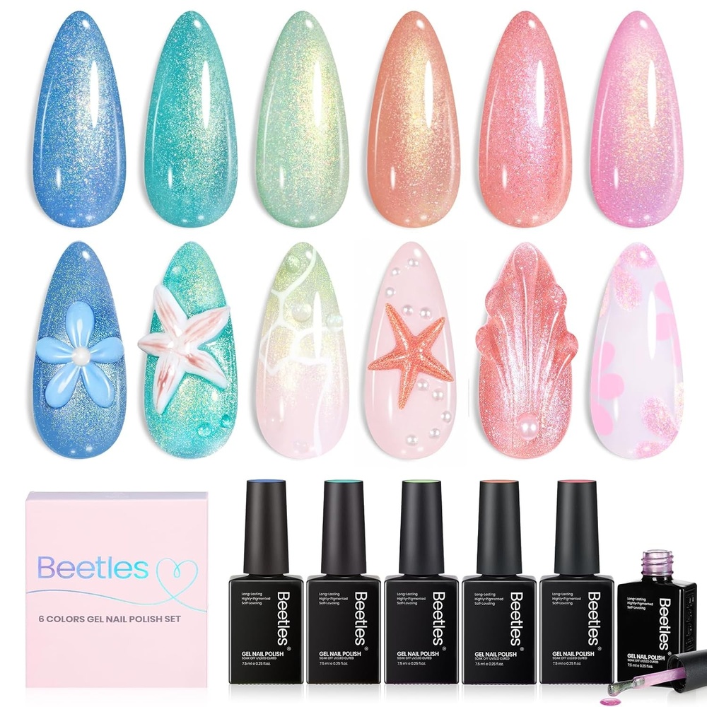 image:imageBeetles Cat Eye Gel Nail Polish Set 6 Colors Brown Purple Glitter Nude Sparkle Stunning Champagne Burgundy Gold lavender Magnetic Effect Nail U v Gel Polish Art Design Gifts for WomenStarfish Gleam