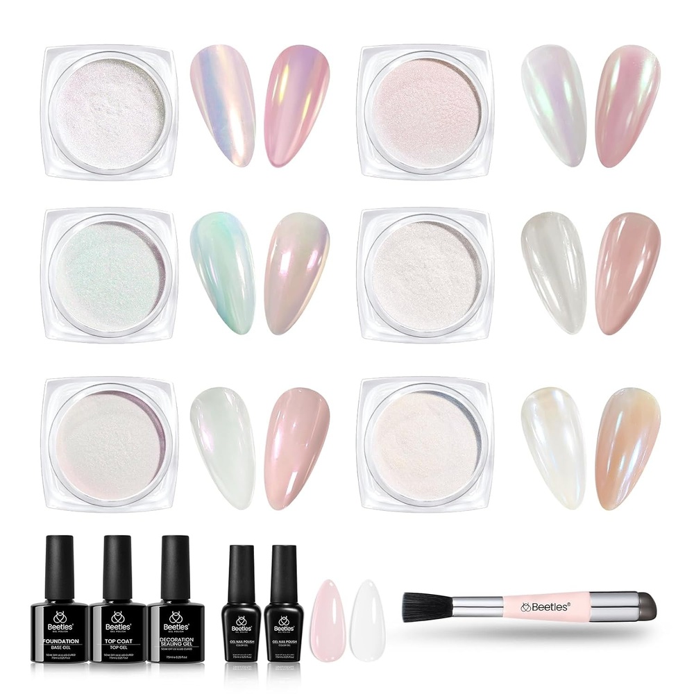 image:imageBeetles Chrome Nail Powder 2 Jars White and Purple Pearl Crome Nail Powder for Gel Nail Mirror Effect Glitter Manicure Kit Pigment Nails Art Design Gifts for Women6 Colors Glazed Nails