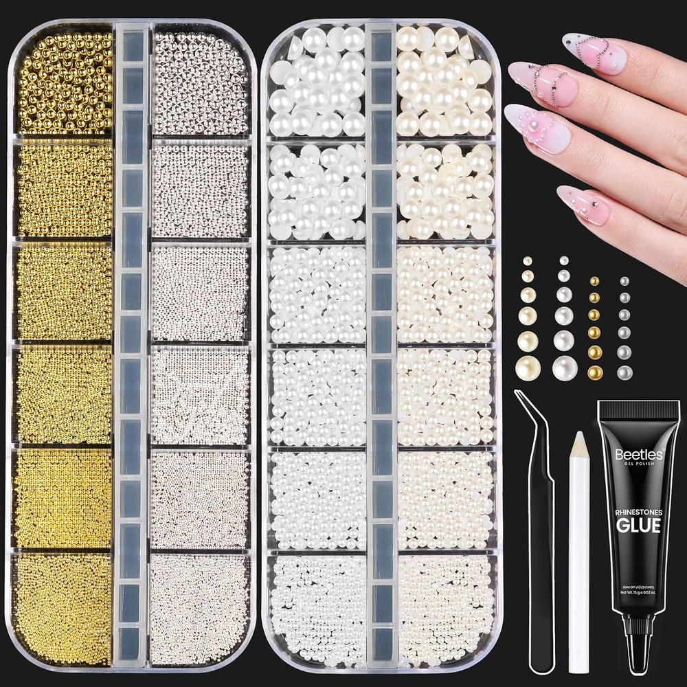 image:imageBeetles Chrome Nail Powder 2 Jars White and Purple Pearl Crome Nail Powder for Gel Nail Mirror Effect Glitter Manicure Kit Pigment Nails Art Design Gifts for Women3D Nail CharmsPearls