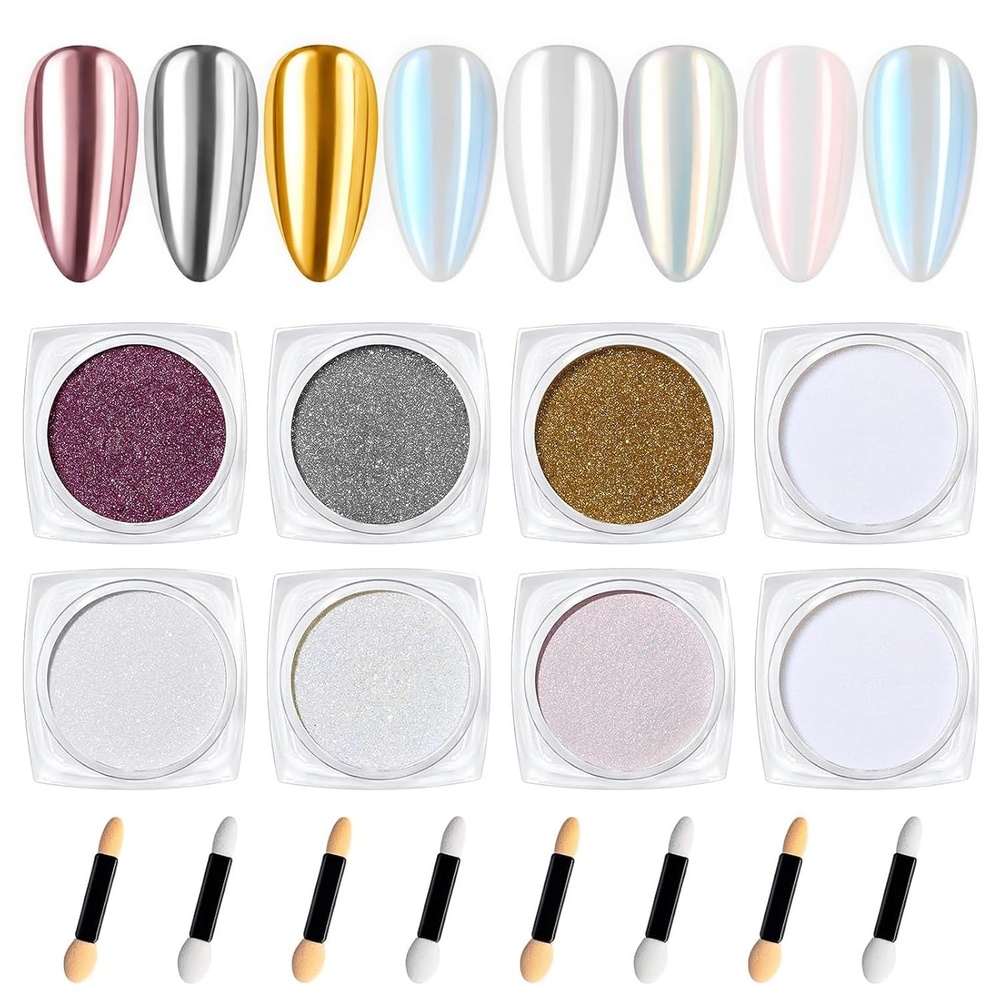image:imageBeetles Chrome Nail Powder 2 Jars White and Purple Pearl Crome Nail Powder for Gel Nail Mirror Effect Glitter Manicure Kit Pigment Nails Art Design Gifts for Women08 ColorsGold Silver Powder