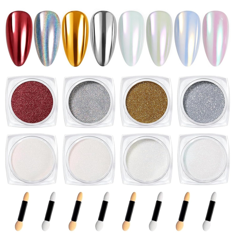image:imageBeetles Chrome Nail Powder 2 Jars White and Purple Pearl Crome Nail Powder for Gel Nail Mirror Effect Glitter Manicure Kit Pigment Nails Art Design Gifts for Women08 Colors Holo Powder