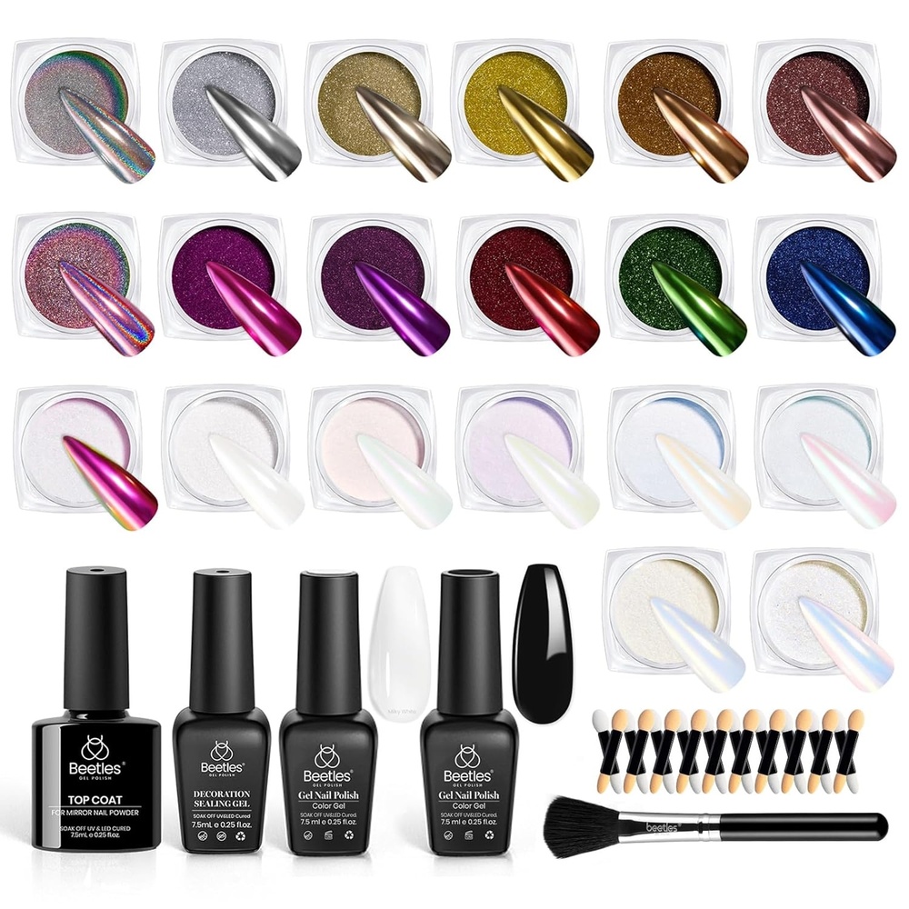 image:imageBeetles Chrome Nail Powder 2 Jars White and Purple Pearl Crome Nail Powder for Gel Nail Mirror Effect Glitter Manicure Kit Pigment Nails Art Design Gifts for Women20 Colors Aurora Glitter