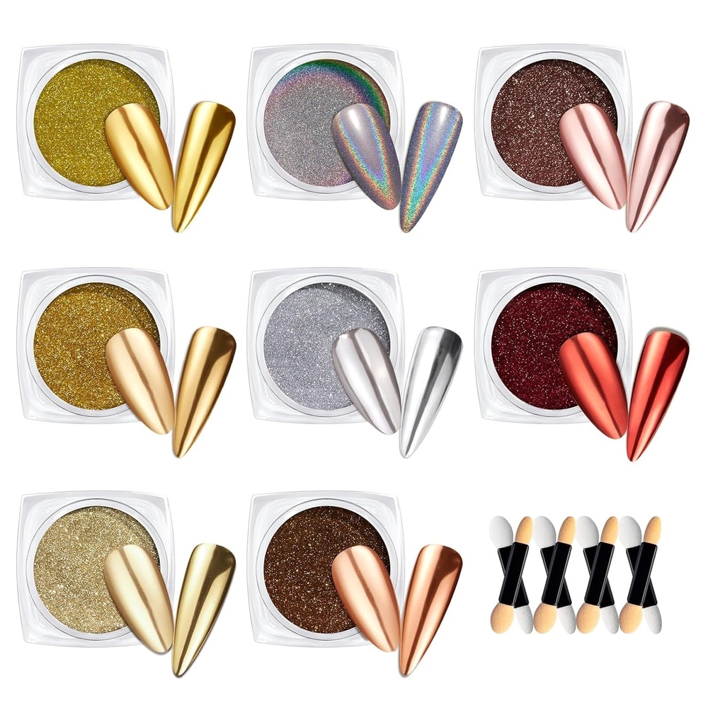 image:imageBeetles Chrome Nail Powder Gold Silver Mirror Effect 8 Colors Holographic Aurora Iridescent Pearlescent Manicure Nail Art Decoration Glitter Crome Nail Powder for Nails 1gJar Gift for WomenAUnexpected Wonder