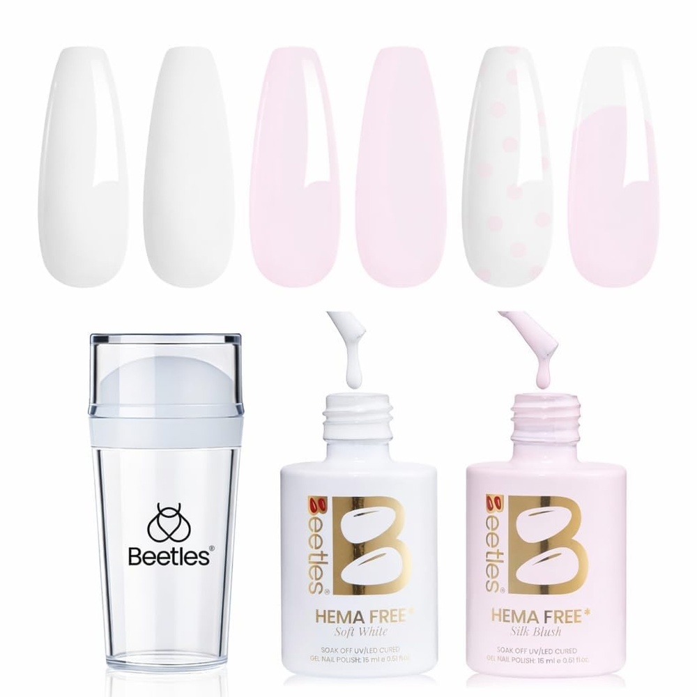 image:imageBeetles French Tip Gel Polish  Ink Snow Twins with Base Coat Top Coat 2 Colors HEMAFree Black amp White Gel Nail Polish Set Soak Off UV LED French Nail Kit Summer Nails for Beginner amp Professional0Peach Mousse
