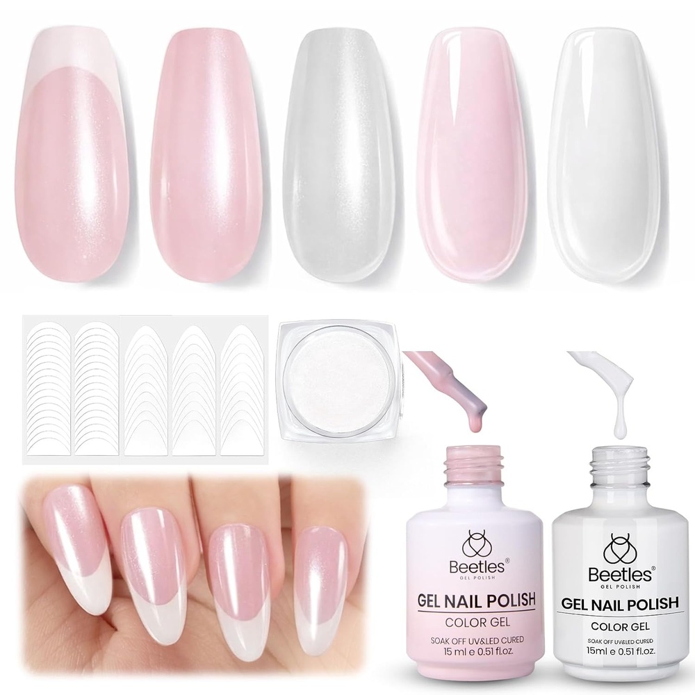 image:imageBeetles French Tip Gel Polish Set  White Nude Pink French Manicure Kit with 2 Nail Art Sticker Soak Off UV LED for DIY Home amp Salon Gift for WomenPearlGlaze