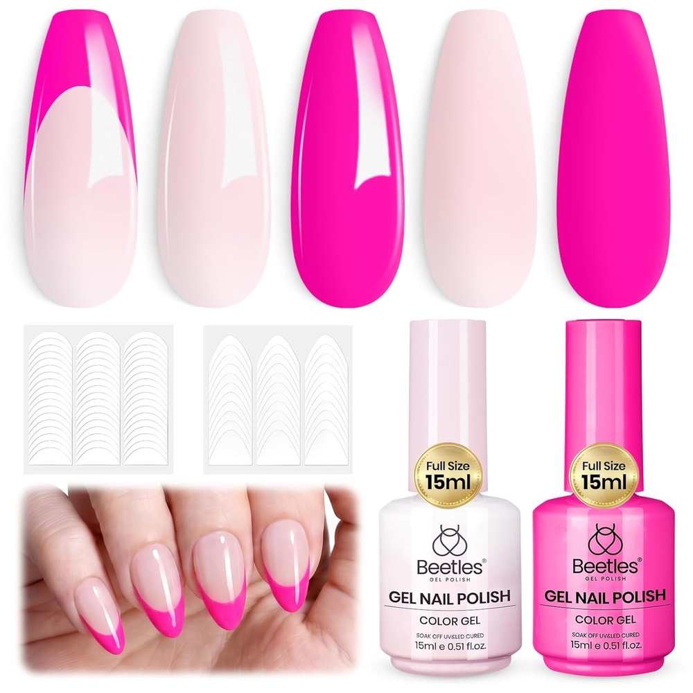 image:imageBeetles French Tip Gel Polish Set  White Nude Pink French Manicure Kit with 2 Nail Art Sticker Soak Off UV LED for DIY Home amp Salon Gift for WomenPink French