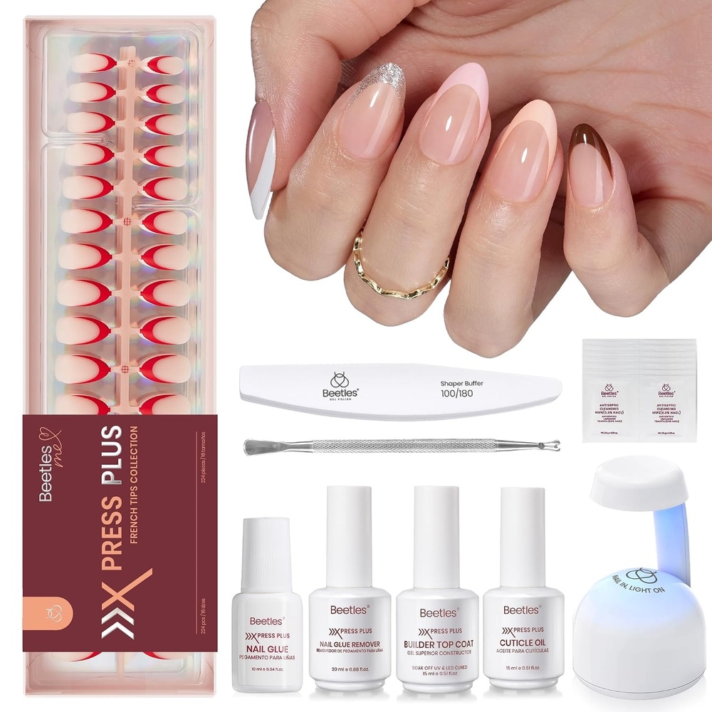 image:imageBeetles French Tip Press On Nails  210 Pcs Pink Short Coffin Press On Nails 4 in 1 Nail Tips Gel Nail No Need to File Tips PreApplied Primer and Base Coat Reusable Fake Nails for Nail ArtOBeetles X Press KitShort Squaval