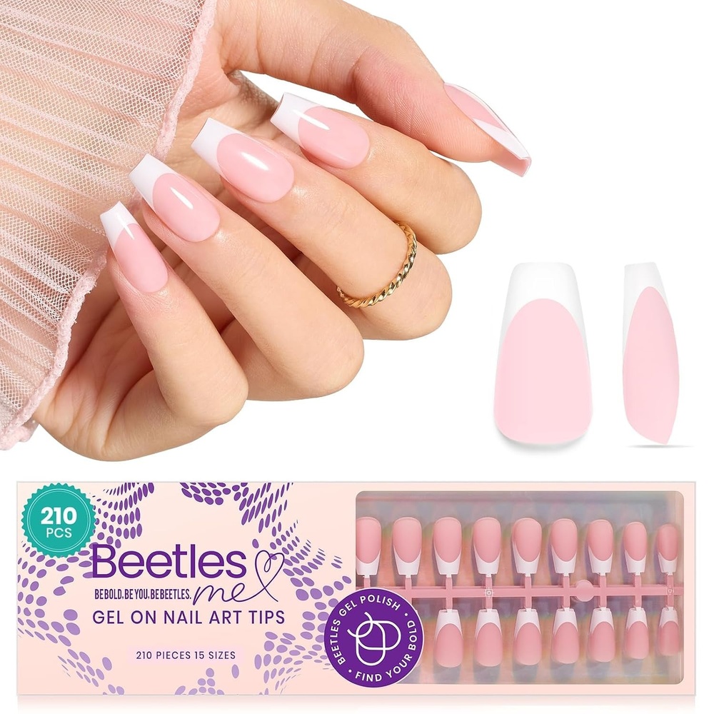 image:imageBeetles French Tip Press On Nails  210 Pcs Pink Short Coffin Press On Nails 4 in 1 Nail Tips Gel Nail No Need to File Tips PreApplied Primer and Base Coat Reusable Fake Nails for Nail ArtAS Coffin FrenchPink