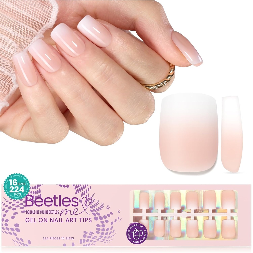 image:imageBeetles French Tip Press On Nails  210 Pcs Pink Short Coffin Press On Nails 4 in 1 Nail Tips Gel Nail No Need to File Tips PreApplied Primer and Base Coat Reusable Fake Nails for Nail ArtDS Square OmbrePeach